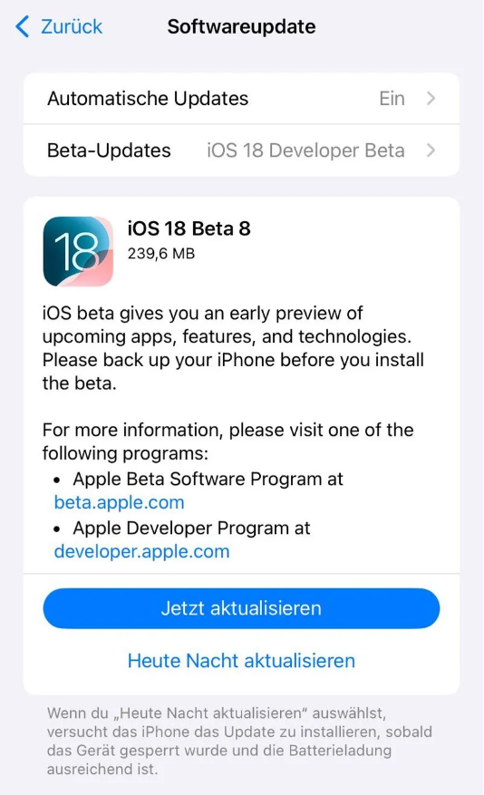 汉台苹果手机维修分享苹果 iOS / iPadOS 18 开发者预览版 Beta 8 发布 